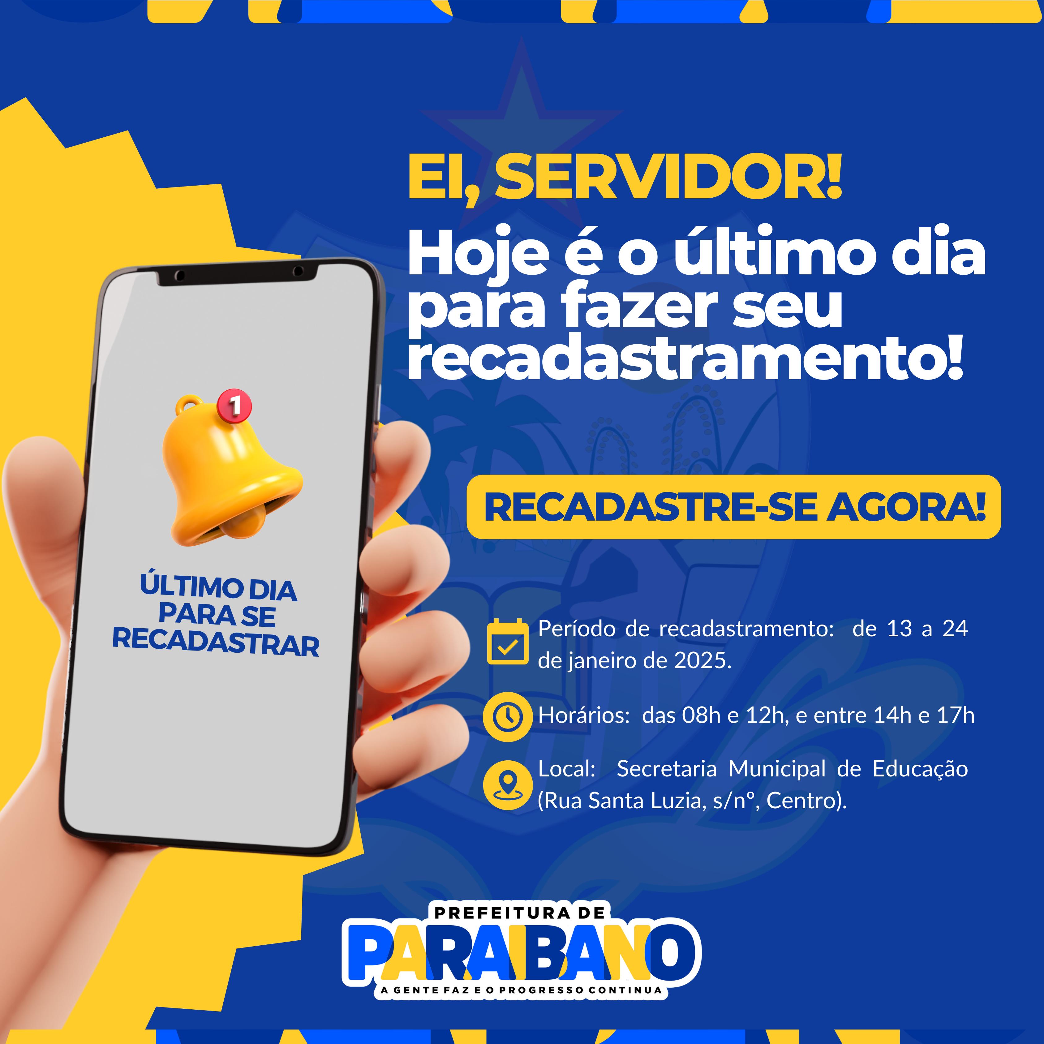 PREFEITURA DE PARAIBANO COMUNICA ÚLTIMO DIA DE RECADASTRAMENTO