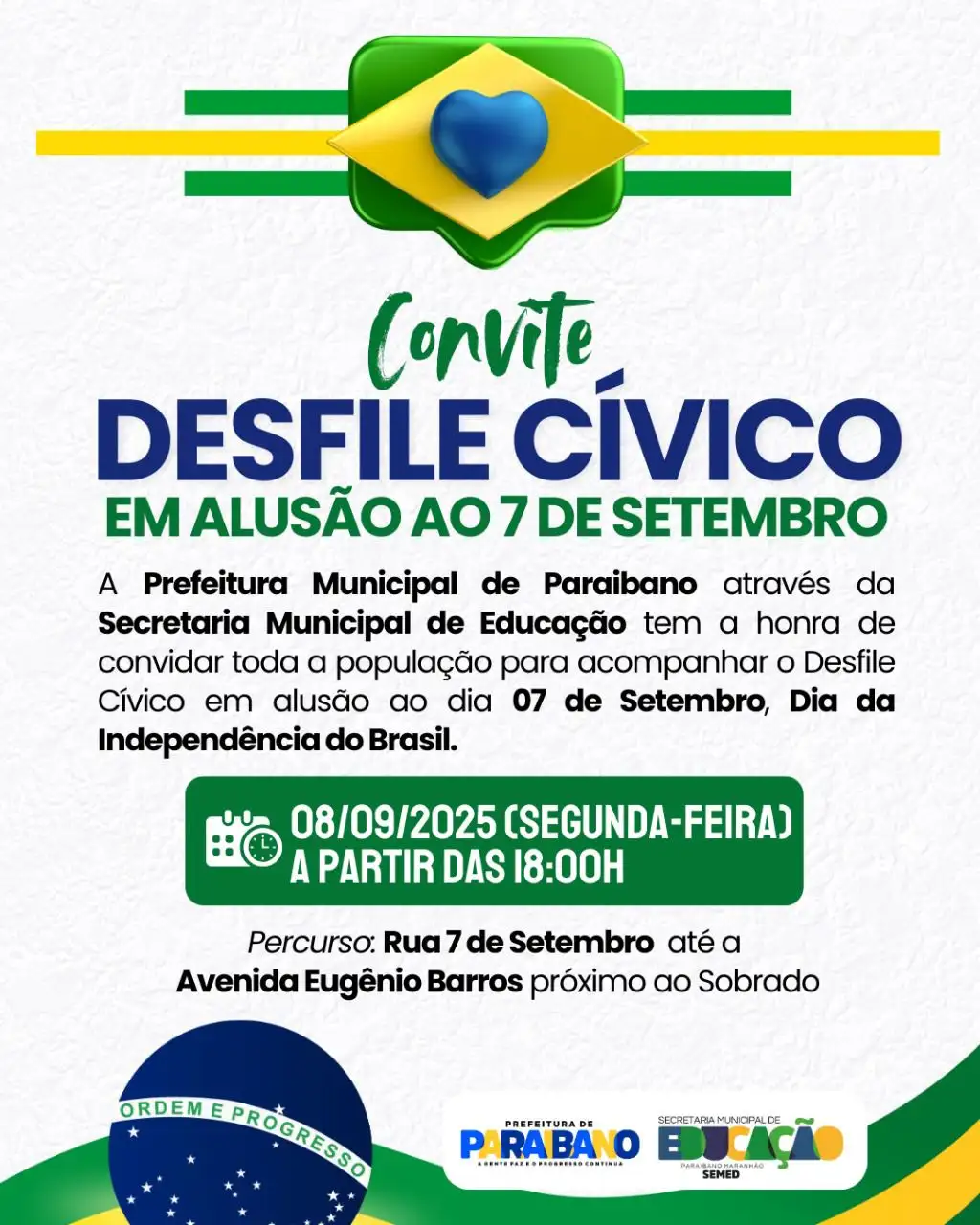 Secretaria de Educação, convida população para participar do Desfile Cívico em alusão à Independência do Brasil