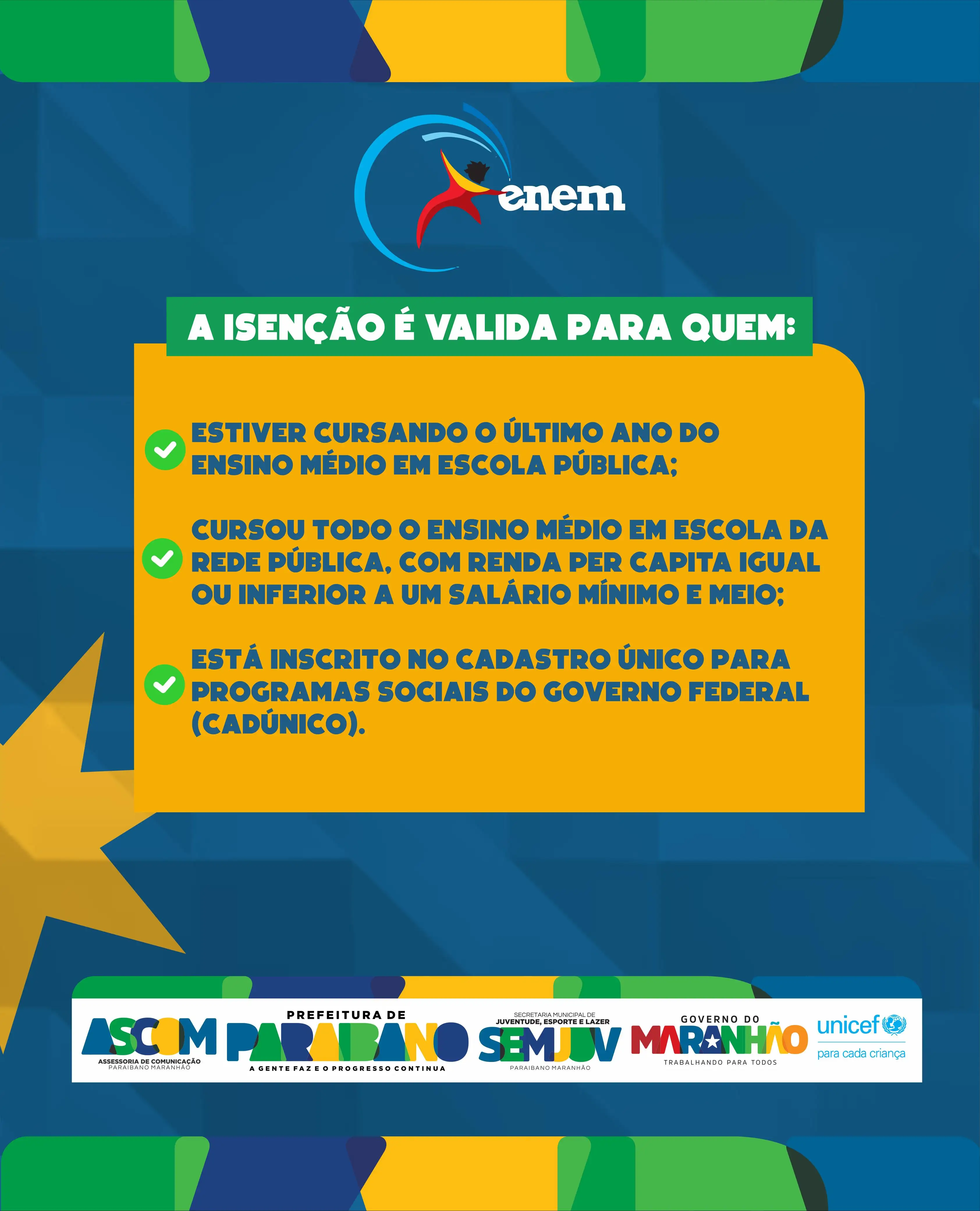 Foto 1 – Prefeitura de Paraibano divulga datas para solicitar insenção no ENEM 2025