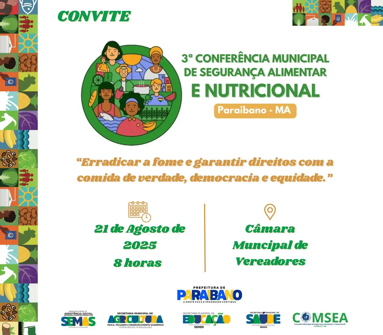 Prefeitura de Paraibano divulga 3ª Conferência Municipal de Segurança Alimentar e Nutricional.