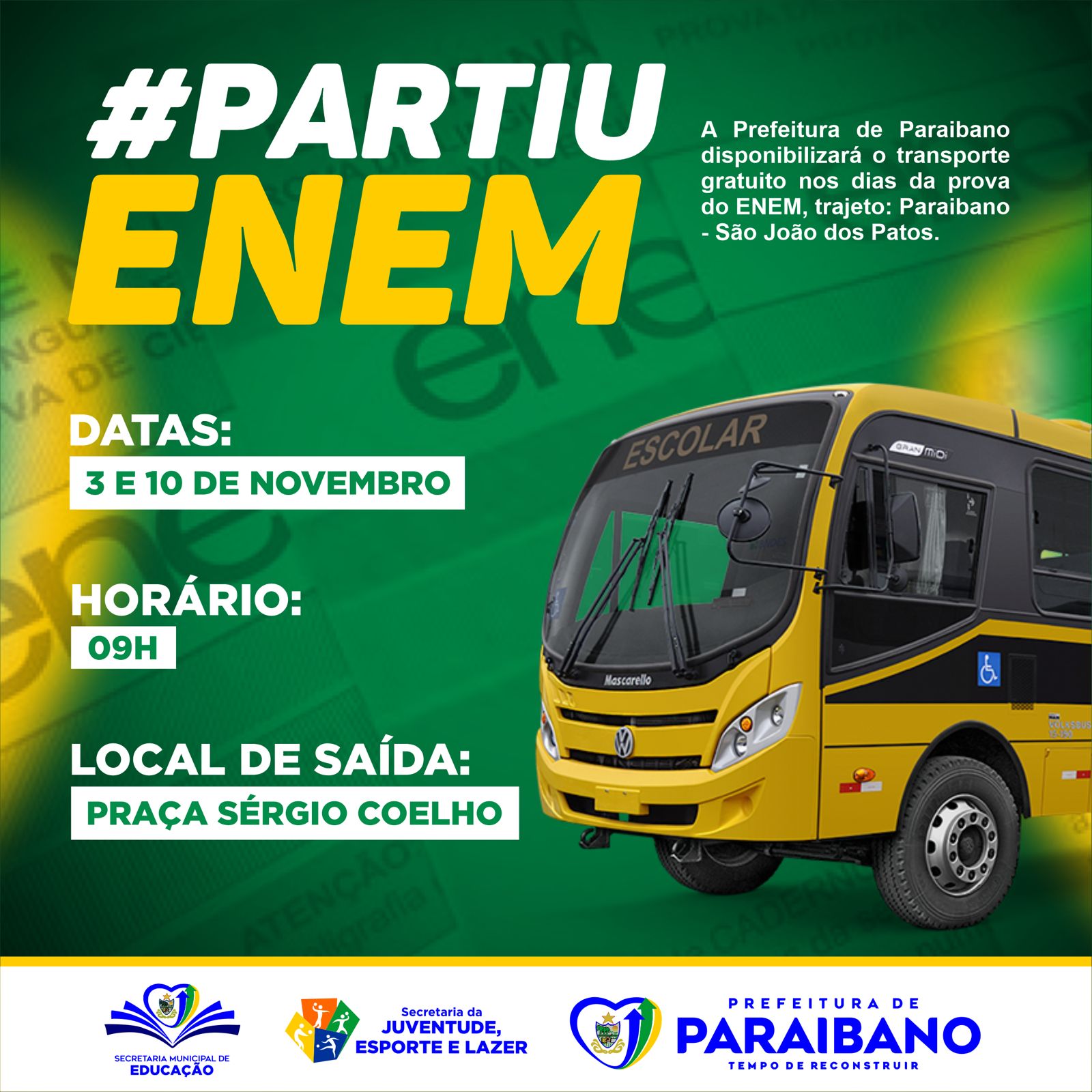 PREFEITURA DE PARAIBANO DISPONIBILIZARÁ TRANSPORTE PARA O ENEM 2024