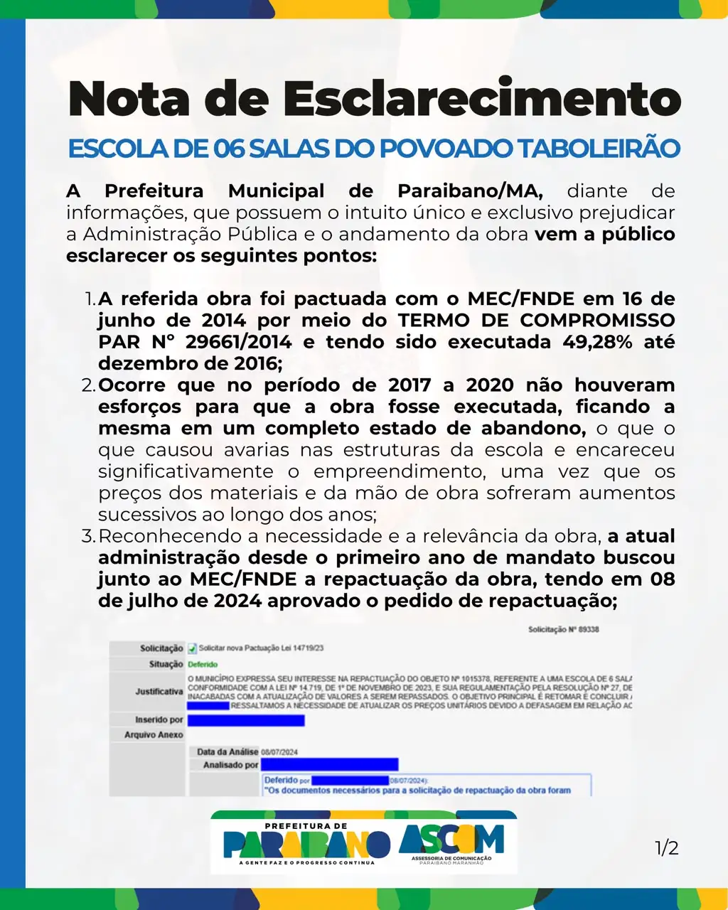 Governo Municipal divulga nota de esclarecimento sobre a obra da Escola de 06 Salas do Povoado Taboleirão.