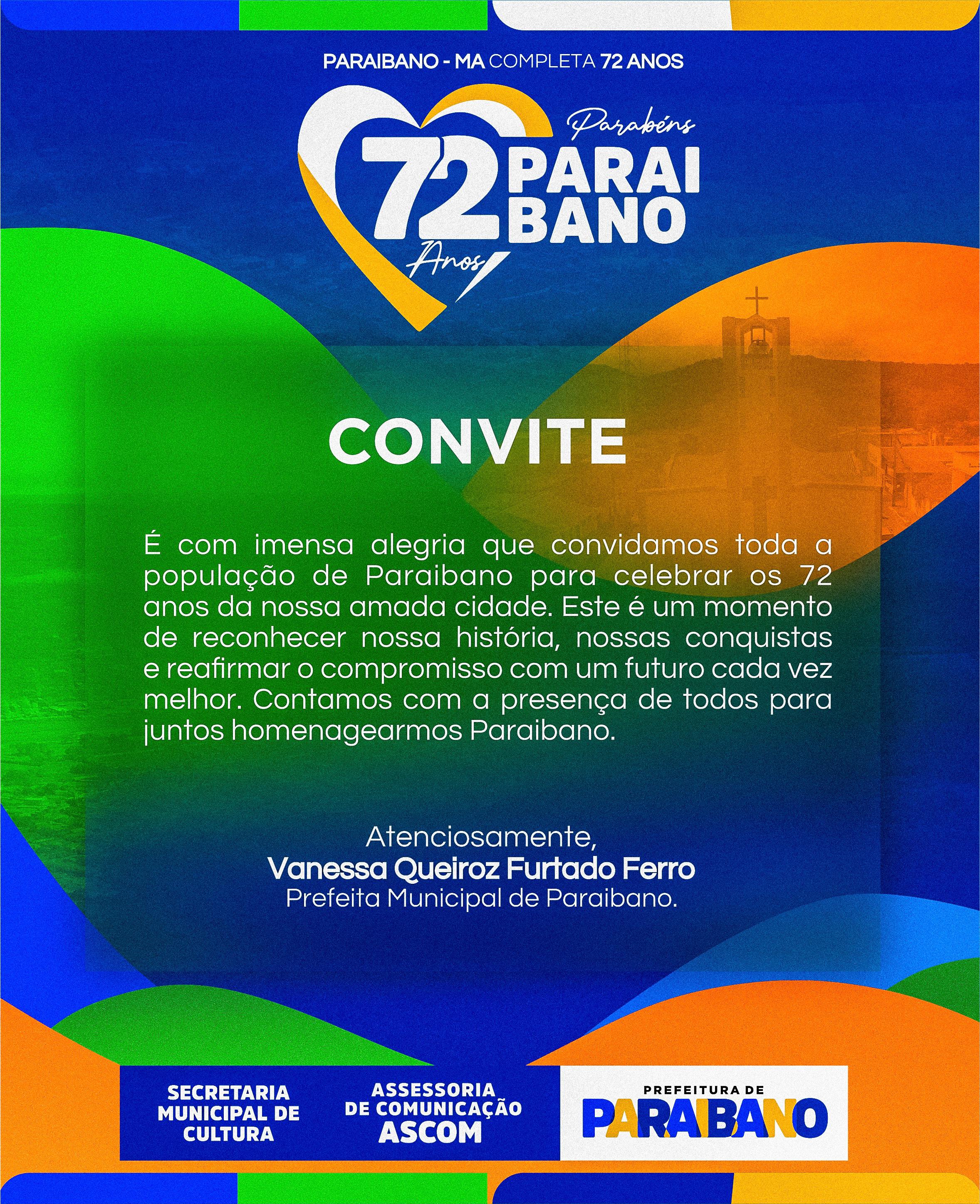 Foto 2 – Prefeitura de Paraibano anuncia programação para comemoração dos 72 anos de Paraibano.